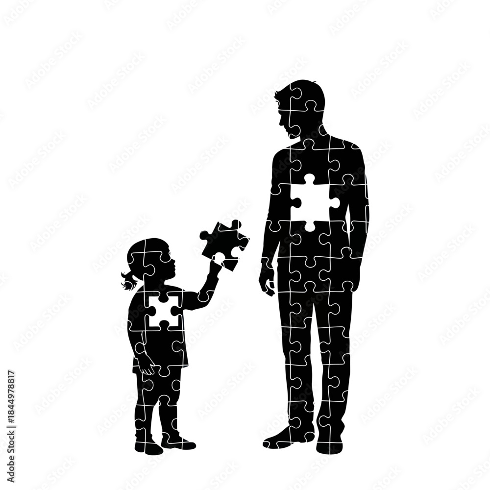 Fototapeta premium Father and daughter puzzle silhouettes connecting missing pieces.