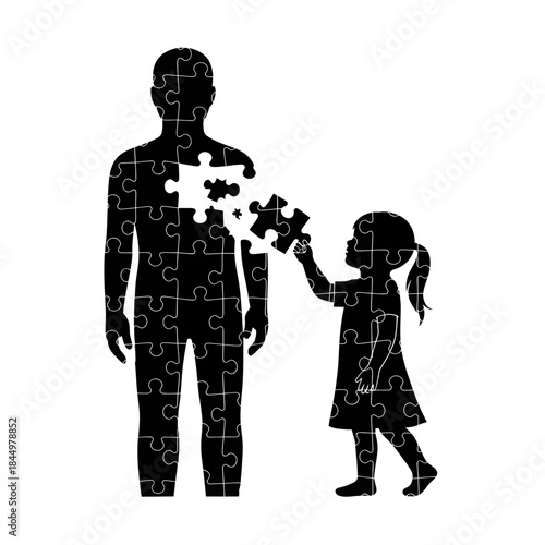 Father and daughter connecting puzzle pieces of the heart.