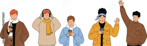 Young people character set using smartphones headphones and casual winter outfits for modern lifestyle flat vector illustration