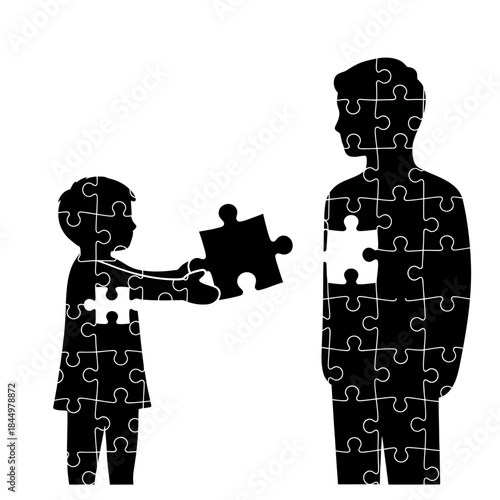 Silhouette of Child and Adult with Puzzle.