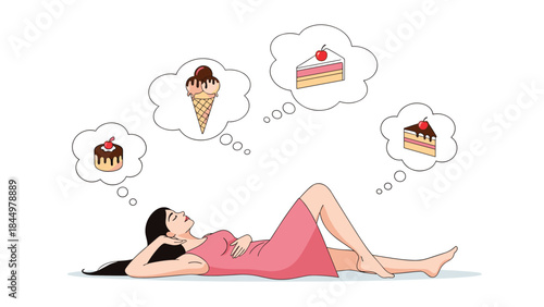 A pregnant woman lying down and happily daydreaming about sweet foods and desserts like cake and ice cream for her cravings.
