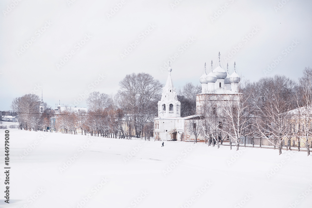 Naklejka premium Winter forest landscape. Tall trees under snow cover. January frosty day in the park.