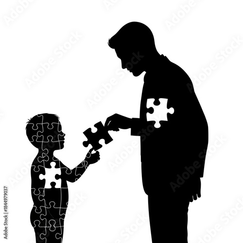 Father and Son Completing Jigsaw Puzzle Together.