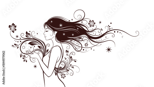 A beautiful, dreamy woman in profile with her long hair and body blending into elegant, hand-drawn floral swirls and stars.