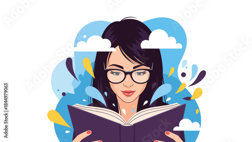 A young, intelligent woman with glasses is deeply absorbed in reading a book, with abstract clouds and splashes behind her.