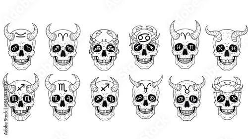 A collection of twelve spooky, hand-drawn skulls, each representing a different zodiac sign with corresponding symbols and horns.