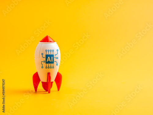 AI chip icon on white rocket on vibrant yellow background symbolizes artificial intelligence growth, digital marketing tools, and startup innovation. Ideal for tech, AI, and business concept visuals.
