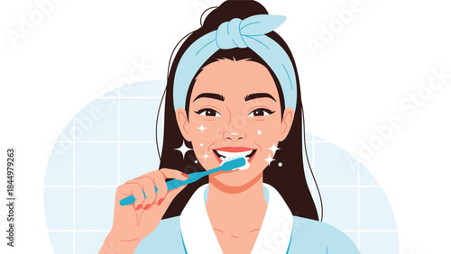 A happy young woman with a headband smiling brightly while brushing her teeth, promoting good oral hygiene and dental care.