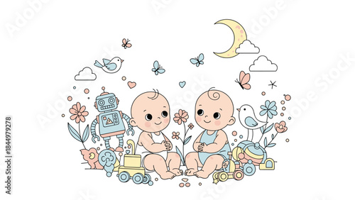 A cute and whimsical illustration of two baby twins sitting among flowers and toys like a robot, birds, and butterflies.