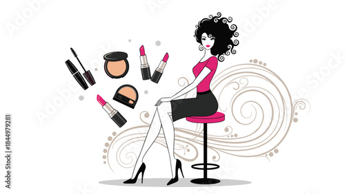 A chic, beautiful woman with curly hair sitting on a stool, surrounded by floating makeup products like lipstick and powder.