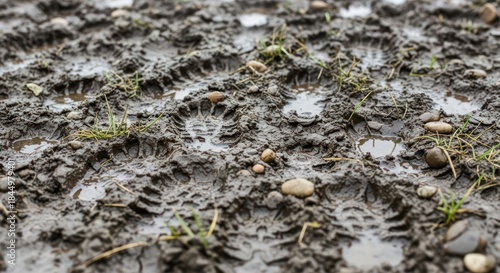 Footprints and tire tracks imprinted on muddy terrain after rainfall creating a textured surface