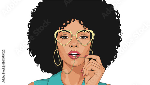 A stylish and beautiful pop art portrait of a black woman with a large afro, wearing cool gold heart-shaped glasses.