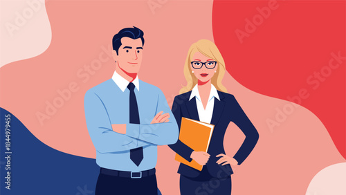 A confident business man and woman team standing together, representing professionalism, partnership, and corporate leadership.