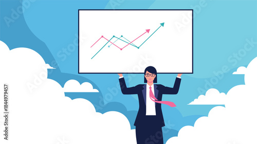 A successful businesswoman in the sky holding up a whiteboard with a rising growth chart, symbolizing business achievement.