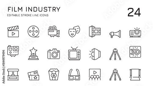 Film industry icons set with clapperboard camera and projector on transparent background