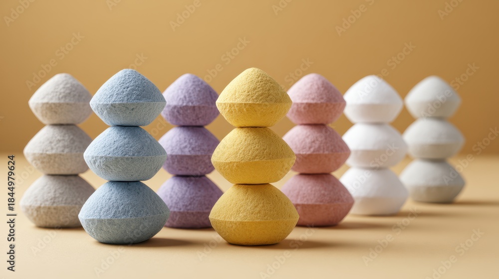 Obraz premium Colorful stacked bath bombs arranged in a visually appealing manner, showcasing various pastel shades and textures against a soft background