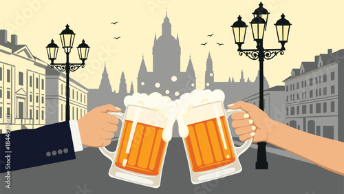 Two friends clinking overflowing beer mugs in a celebratory toast against a charming old European city street with classic architecture.