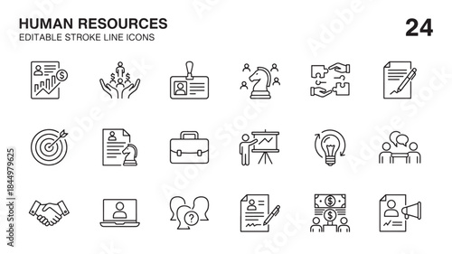 Human resources editable stroke line icons set various concepts on transparent background