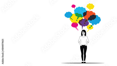 Creative woman standing and thinking with a cloud of colorful and diverse thought bubbles floating above her head on a white background.