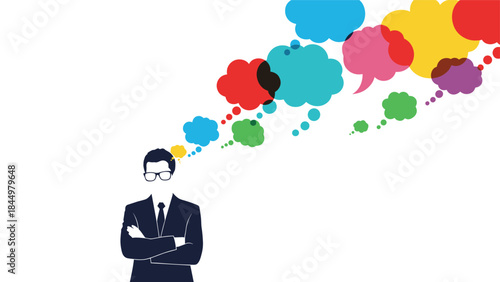 Businessman silhouette with arms crossed has a stream of colorful thought bubbles emerging from his head, symbolizing creative ideas.
