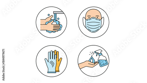 Set of four essential hygiene and disease prevention icons: washing hands, wearing a face mask, using gloves, and hand sanitizer.