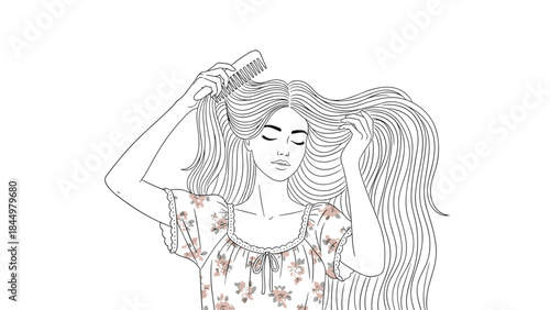 Beautiful woman with very long, healthy, wavy hair tenderly combing her locks in a delicate black and white line art illustration.