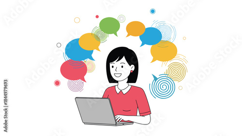 Happy woman using a laptop for online communication, surrounded by a circle of colorful speech bubbles representing social media.