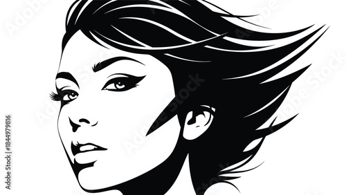 High-contrast black and white graphic portrait of a beautiful, confident woman with stylish short hair blowing in the wind.