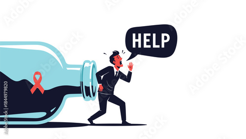 Man in a suit escaping from a bottle symbolizing addiction and shouting for help, with a red awareness ribbon inside the bottle.