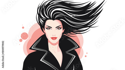 Portrait of a beautiful and confident woman with voluminous dark hair blowing in the wind, wearing a stylish black trench coat.