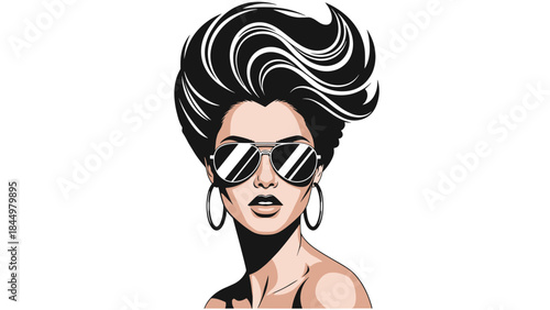 Striking pop art portrait of a glamorous woman with a bold, voluminous hairstyle, wearing aviator sunglasses and large hoop earrings.