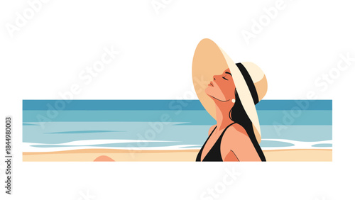 Elegant woman in a black swimsuit and wide-brimmed sun hat relaxing and sunbathing on a tranquil sandy beach by the ocean.