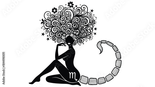 Elegant black silhouette of a woman representing the Scorpio zodiac sign, with an ornate hairstyle and a powerful scorpion tail.