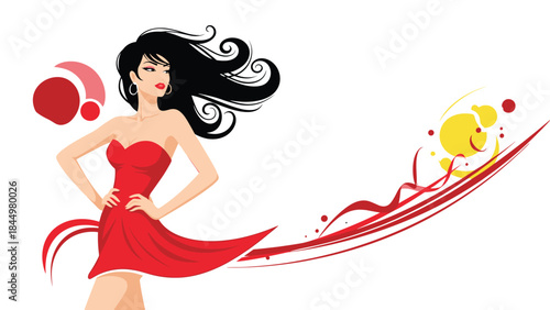 Confident and beautiful brunette woman in a flowing red dress posing with her hands on her hips against an abstract background.