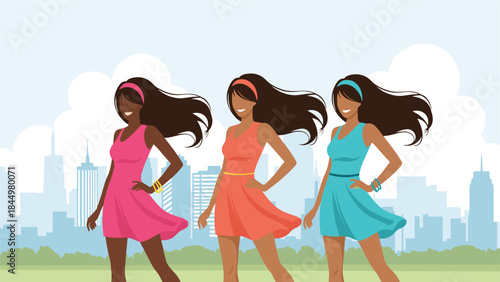 Three beautiful and stylish African American women in colorful summer dresses walking together in a city park with a skyline background.
