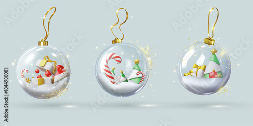 3D glass balls with snow, gift box, lollipop, fir tree, snowflakes, golden ropes and glitter.