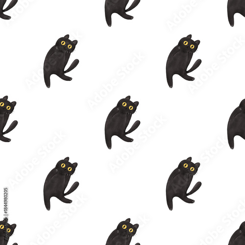 Seamless Pattern of Watercolor Black Cat