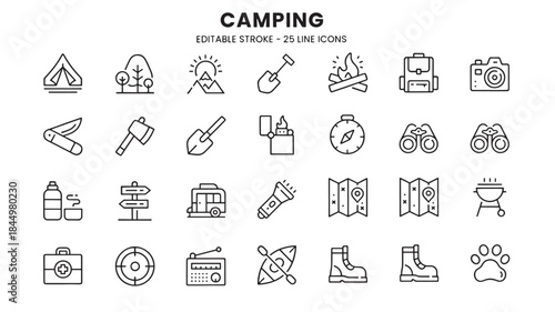 Camping icons set with tent fire and equipment on transparent background