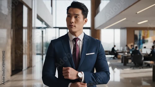 A businessman walks forward with confidence in a corporate environment