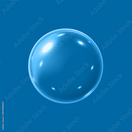 Realistic 3D glass ball with glares and highlight effect, vector glossy transparent volume glass sphere bubble. on blue
