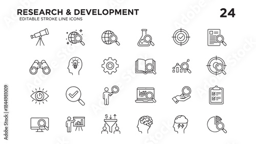 Research and development line icons set science and technology symbols on transparent background
