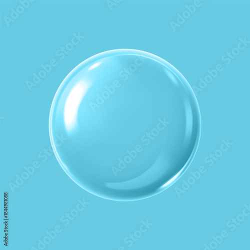 Realistic 3D glass ball with glares and highlight effect, vector glossy transparent volume glass sphere isolated on blue