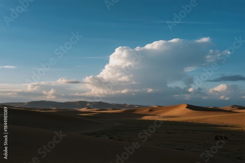 Fototapeta Naklejka Na Ścianę i Meble -  Sand dunes under a vast blue sky with large cumulus clouds in a desert landscape