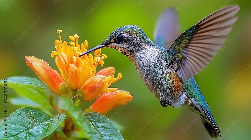 Fototapeta premium Hummingbird feeding on bright orange flower with green foliage background image photo