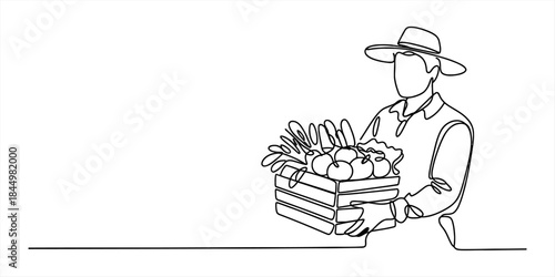 Continuous line art of a farmer holding a crate filled with fresh produce Vector, illustration