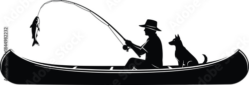 Man Fishing from a Canoe with a Dog Silhouette Vector Illustration, Figure Catching a Fish with Rod for Camping, Outdoor Sport, Leisure, and Wilderness Adventure.
