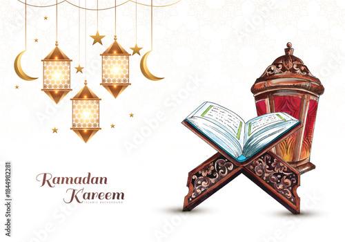 Ramadan Kareem Islamic Background with Holy Quran, Lanterns and Crescent Moon Illustration