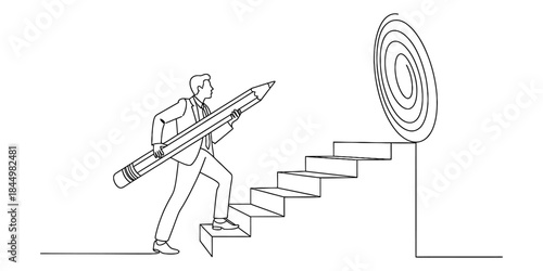 A businessman climbs stairs carrying a giant pencil, symbolizing progress towards a creative goal. Vector, illustration