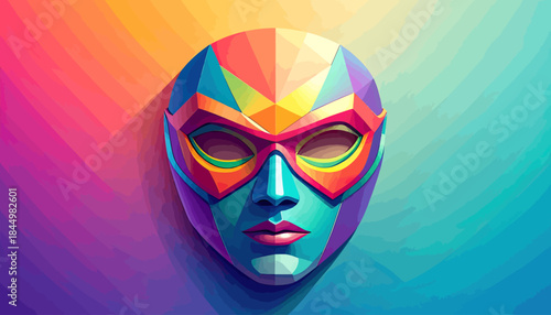 Abstract geometric mask with vibrant rainbow colors, symbolizing creativity and anonymity