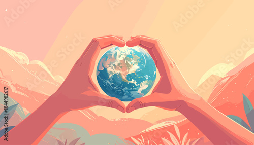 Hands forming a heart shape around a globe, symbolizing love and care for our planet Earth in a beautiful, serene natural setting